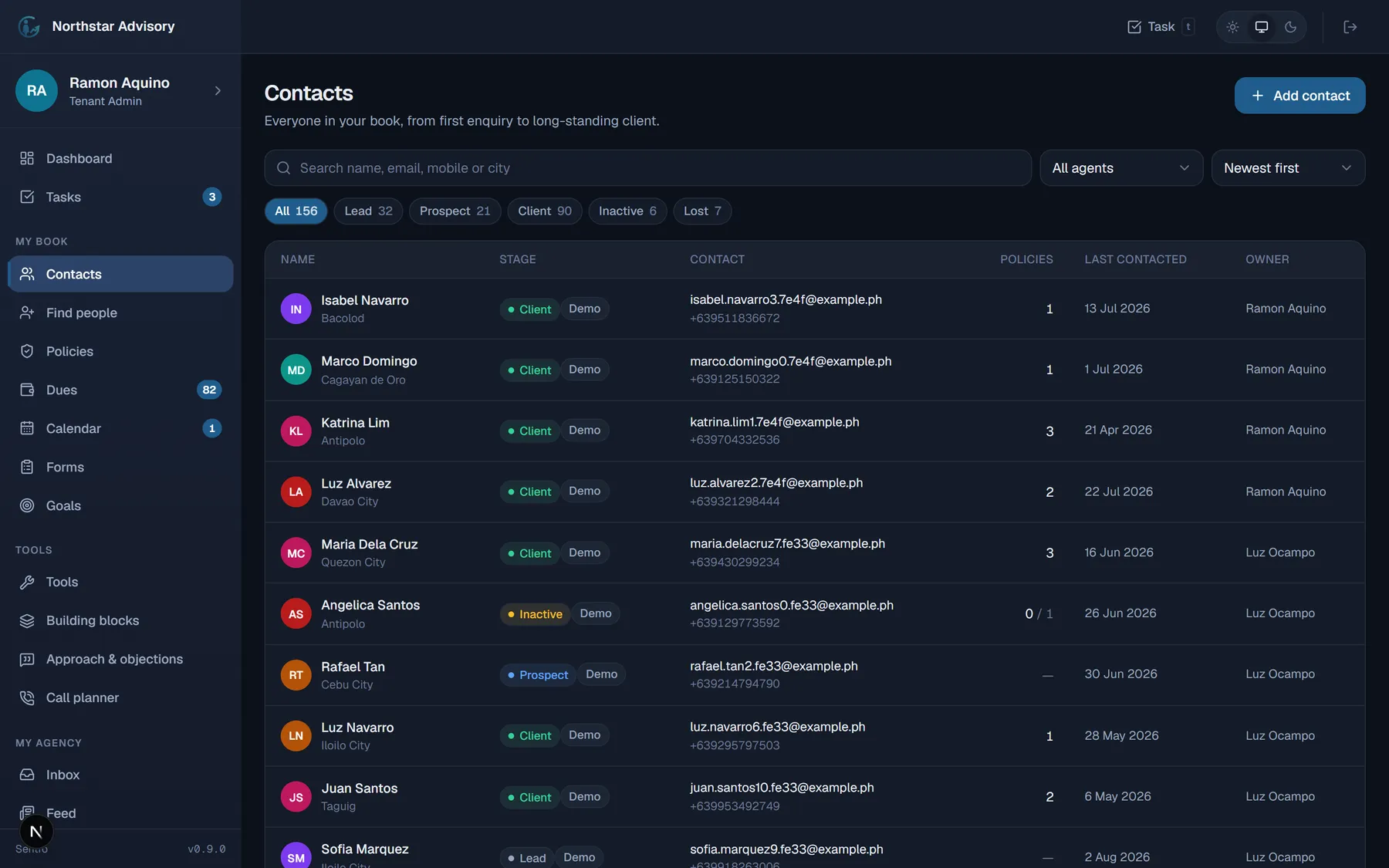 Sentro's contact list, showing every client with their stage, policy count and last contact date