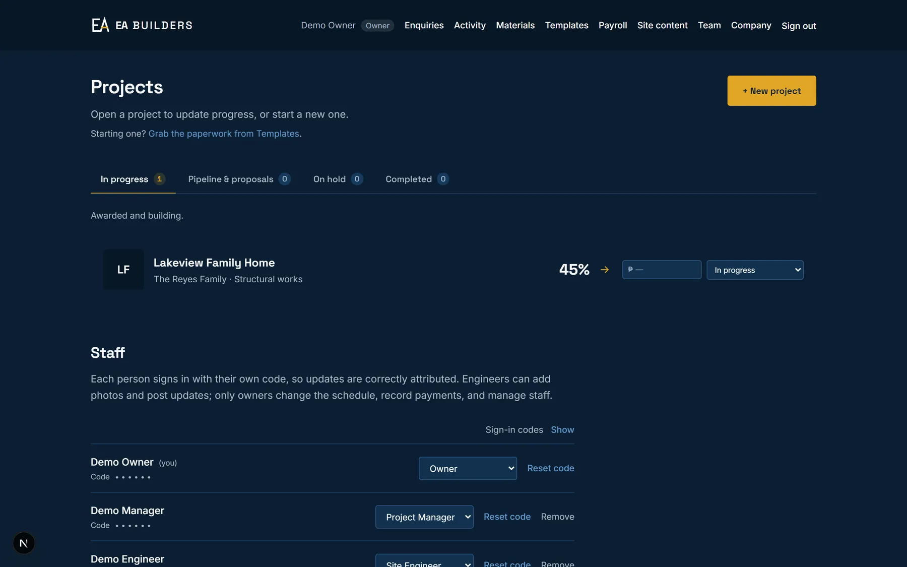 The builder's own view, listing projects by stage alongside the staff roster and their sign-in codes
