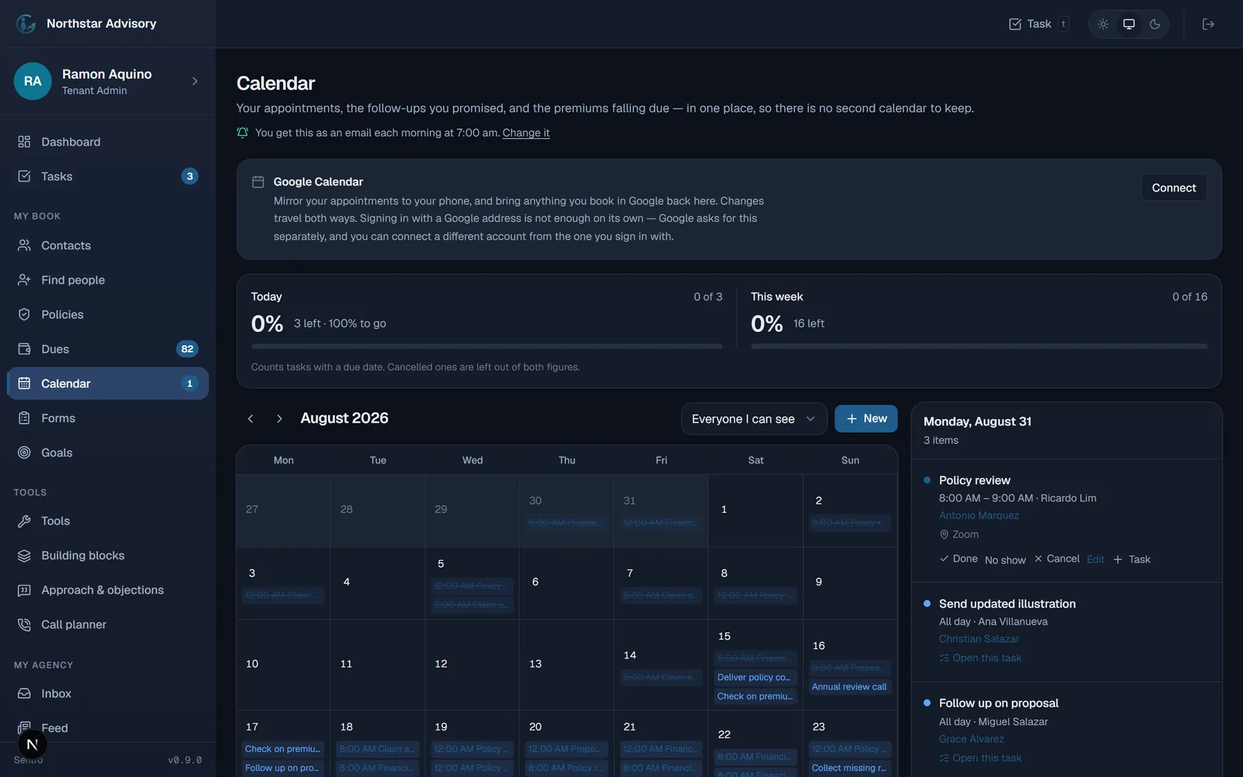 Sentro's calendar of client appointments and policy reviews